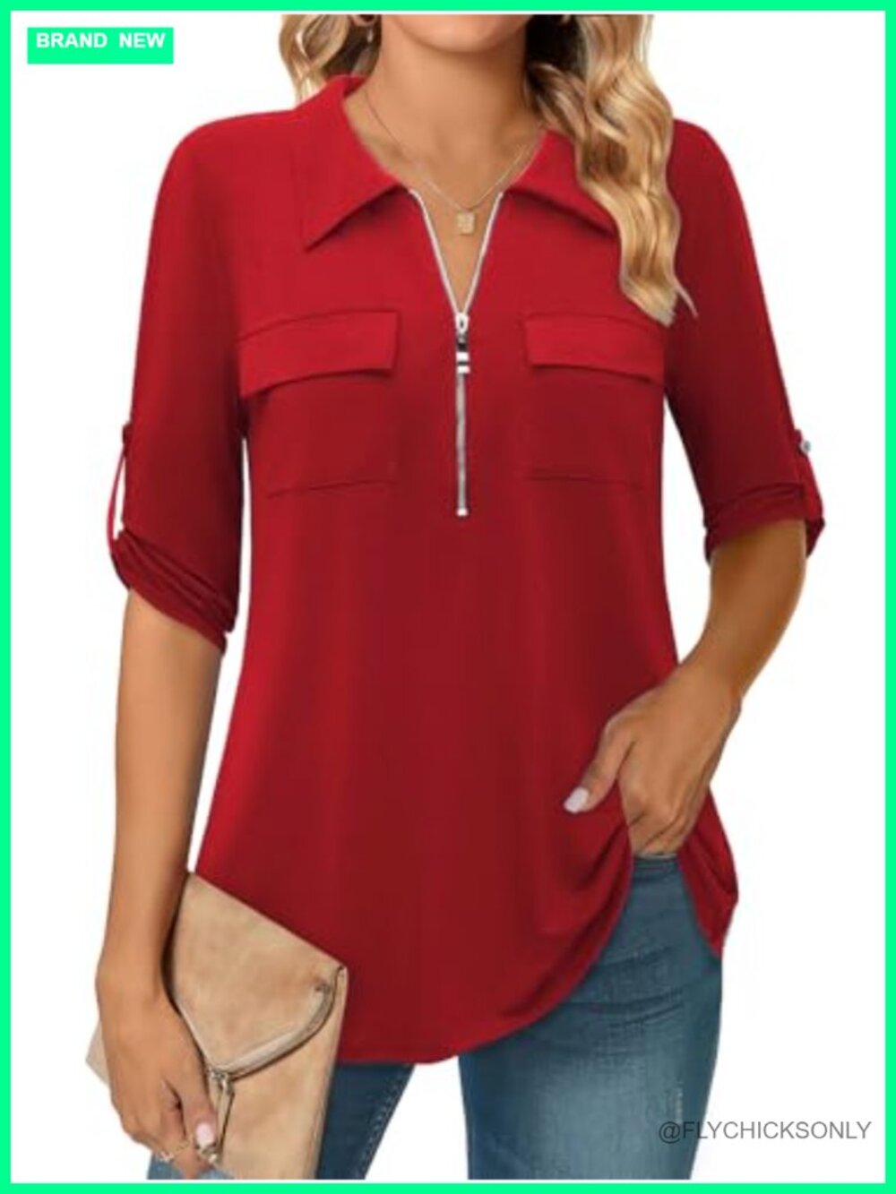 Womens 3/4 Sleeve Collared V Neck Zip Front Business Casual Tunic Blouse